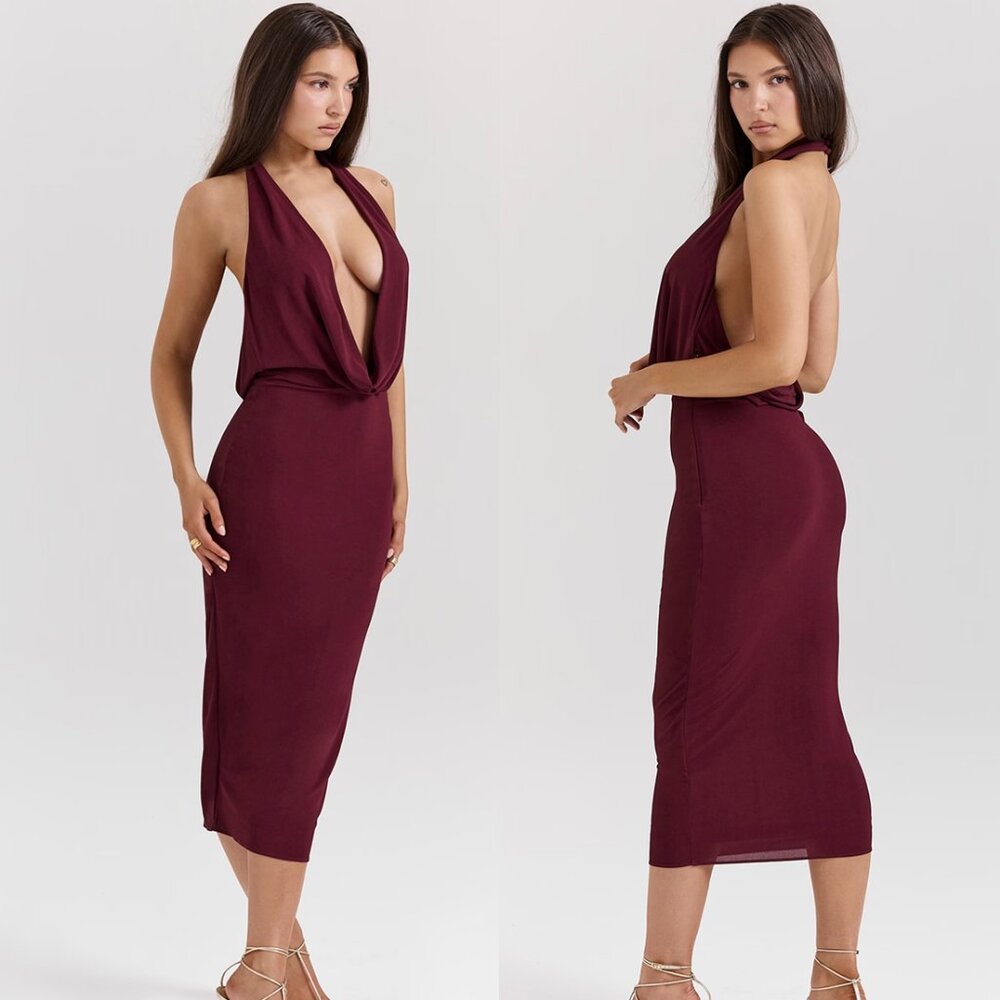 House of CB Florentina Merlot Draped Midi Dress Large